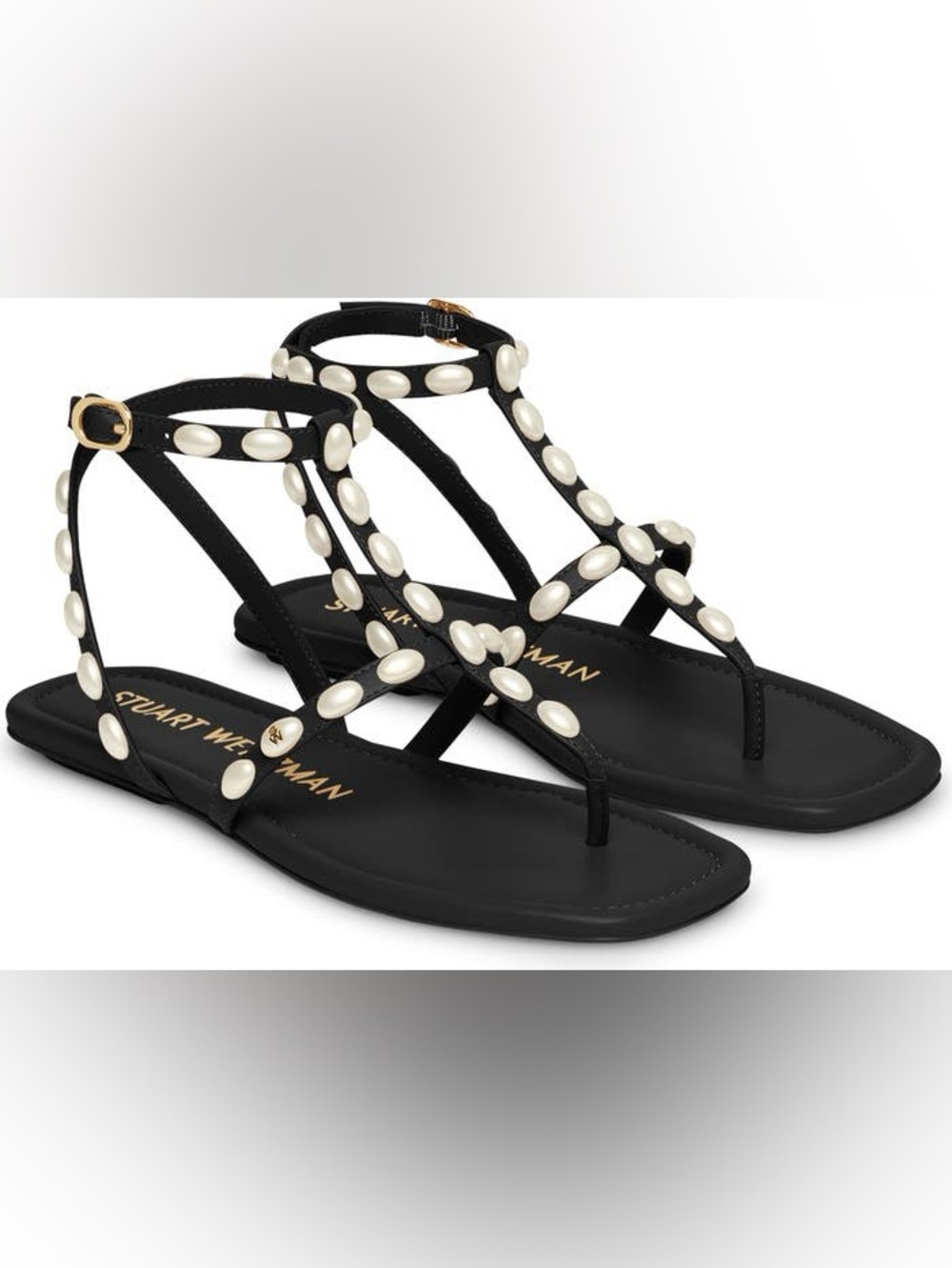 Stuart Weitzman Pearlita Black Leather Thong Sandals Sz 6.5 BNWB